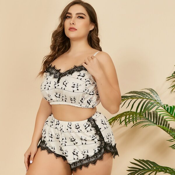 

Plus Cartoon Panda Lace Trim Bralette With Shorts, White