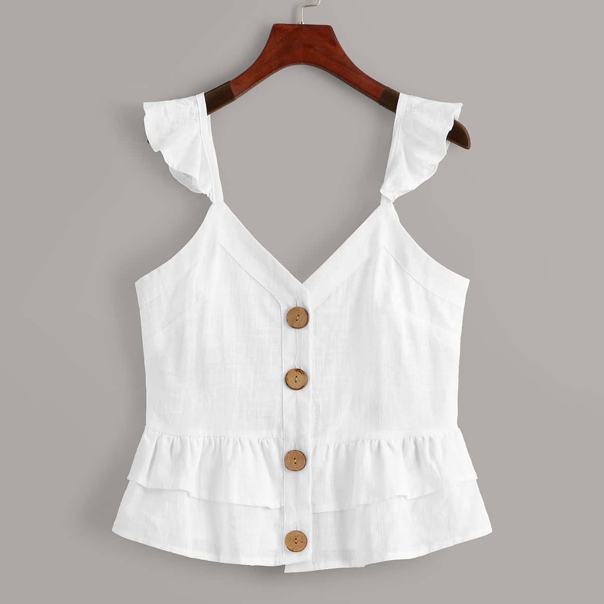 

Button Through Ruffle Trim Top, White