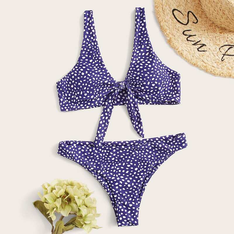 

Confetti Print Knot Front Plunging Bikini Swimsuit, Purple