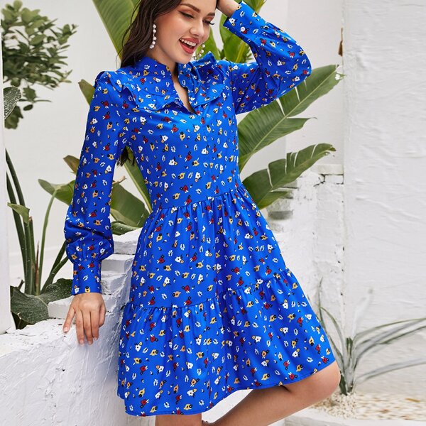 

All Over Print Ruffle A-line Dress, Blue