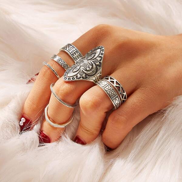 

8pcs Bohemian Decor Ring Set, Silver
