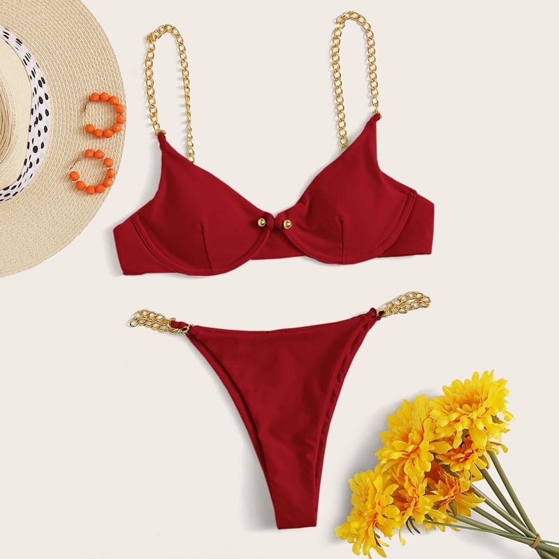 

Chain Strap Underwire Thong Bikini Swimsuit, Red