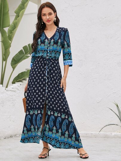 Paisley & Tribal Print Drawstring Waist Maxi Dress