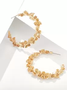 1pair Metallic Floral Decor Hoop Earrings - Yellow Gold - View 1