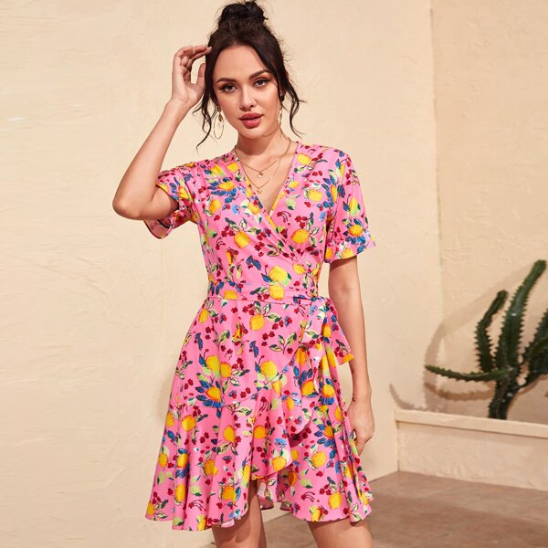 

Lemon Print Tie Side Wrap Skirt Dress, Pink