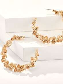1pair Metallic Floral Decor Hoop Earrings - Yellow Gold - View 2