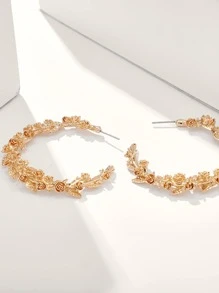 1pair Metallic Floral Decor Hoop Earrings - Yellow Gold - View 3