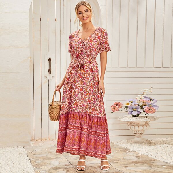 

Aztec Floral Print Ruffle Hem Belted Dress, Multicolor