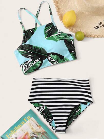 Tropical & Striped Tie Back High Waisted Bikini Swimsuit