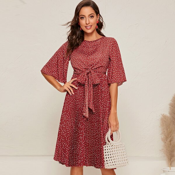 

Tie Front Bell Sleeve Pleated Dress, Burgundy