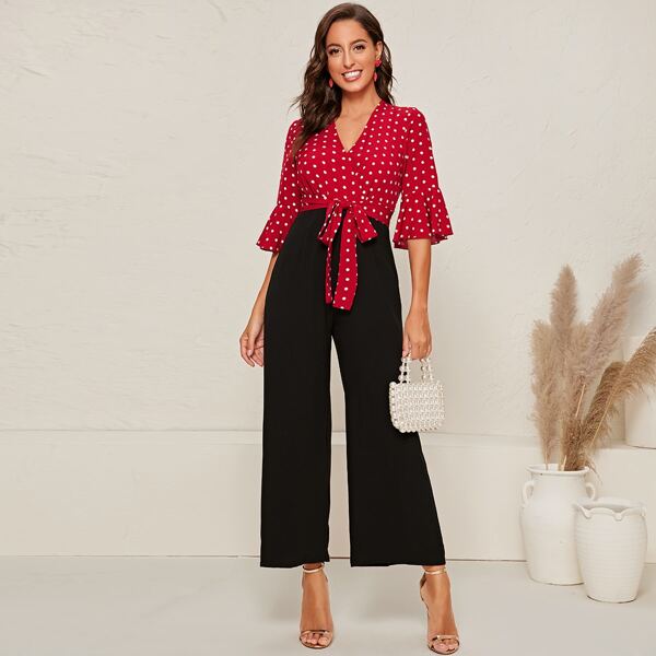 

Bell Sleeve Polka Dot Belted Combo Jumpsuit, Multicolor
