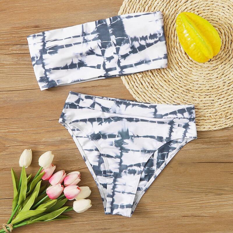 

Brush Print Bandeau High Waist Bikini Swimsuit, Multicolor