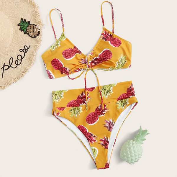 

Pineapple Drawstring Front High Waisted Bikini Swimsuit, Multicolor