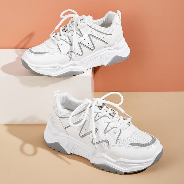 

Lace-up Front Mesh Panel Chunky Heels, White
