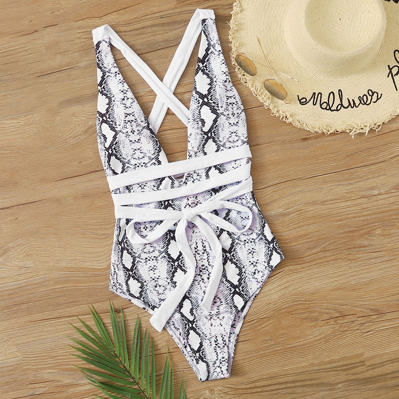 

Snakeskin Tie Front Plunging One Piece Swimsuit, Multicolor