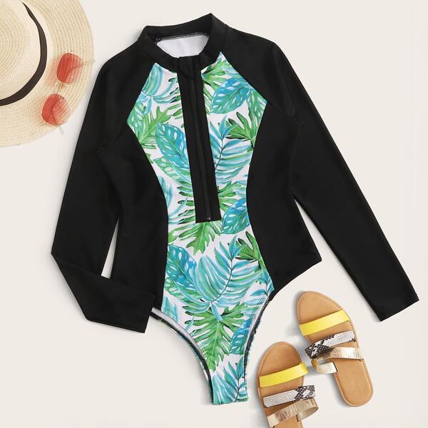 

Tropical Zip Front One Piece Swimsuit, Multicolor