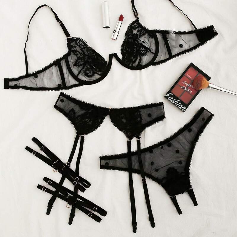 

Mesh Underwire Garter Lingerie Set With Leg Ring, Black