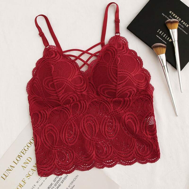 

Crisscross Scallop Lace Bralette, Red