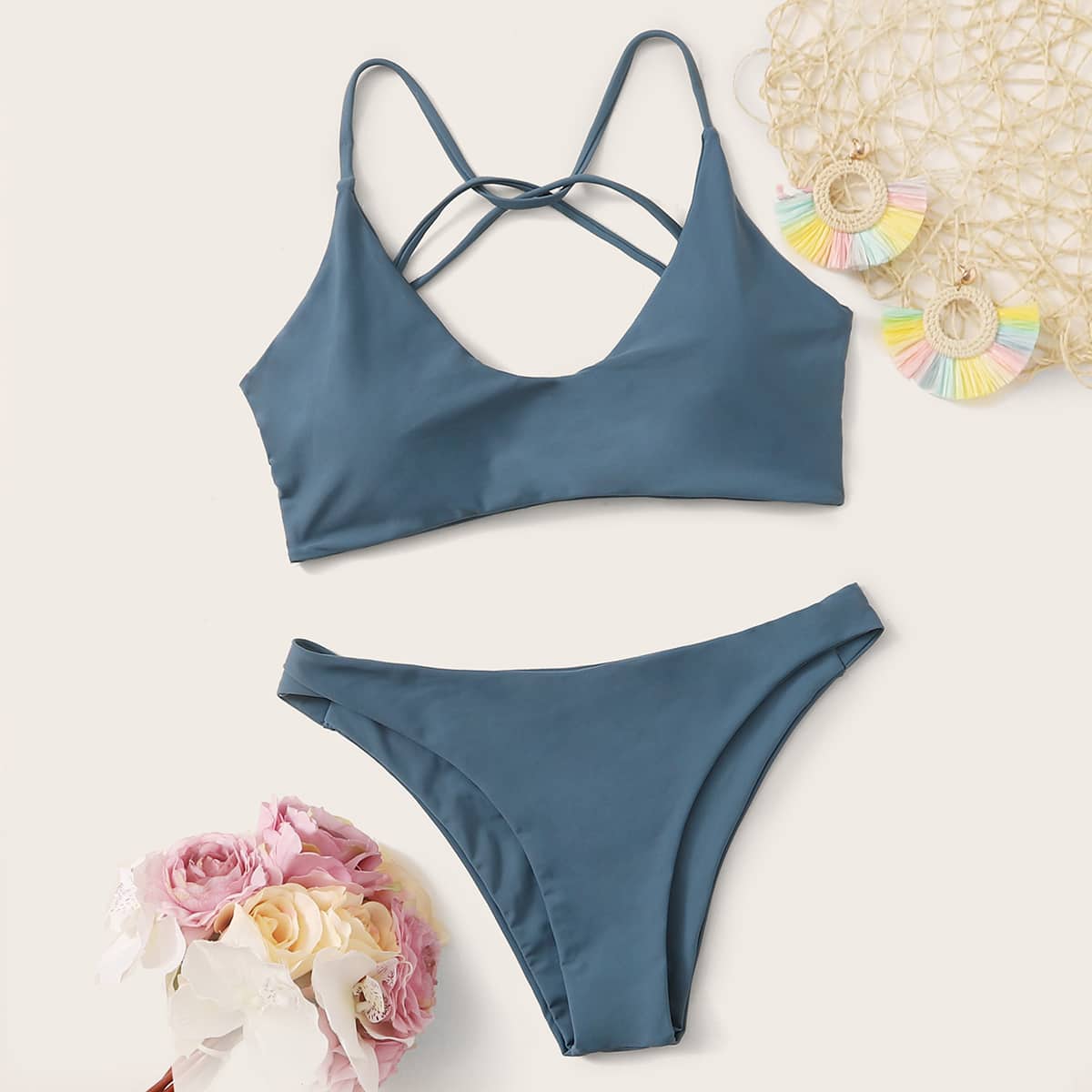 

Tie Back Cheeky Bikini Swimsuit, Blue