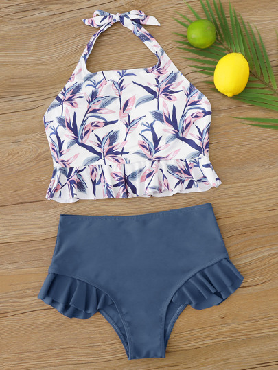 Floral Ruffle Halter High Waisted Tankini