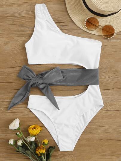 Tie Waist One Shoulder One Piece Swimsuit