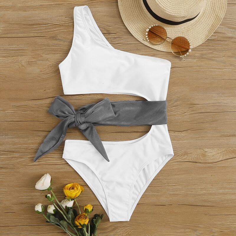 

Tie Waist One Shoulder One Piece Swimsuit, White
