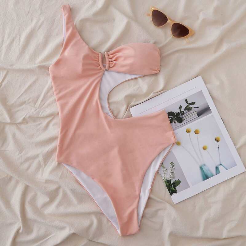 

Cut-out Side One Shoulder One Piece Swimsuit, Pink