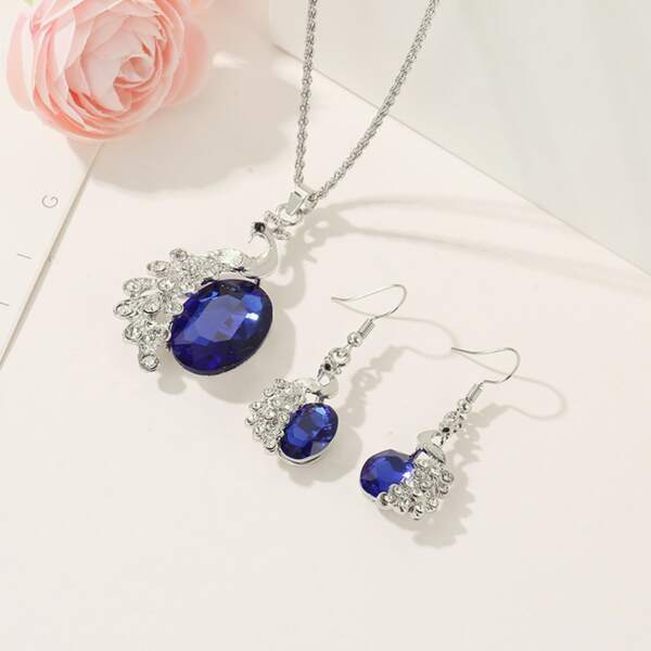 

3pcs Gemstone Decor Peacock Charm Necklace & Earrings