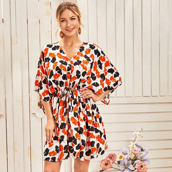 

Drawstring Waist Plants Print Dress, Multicolor