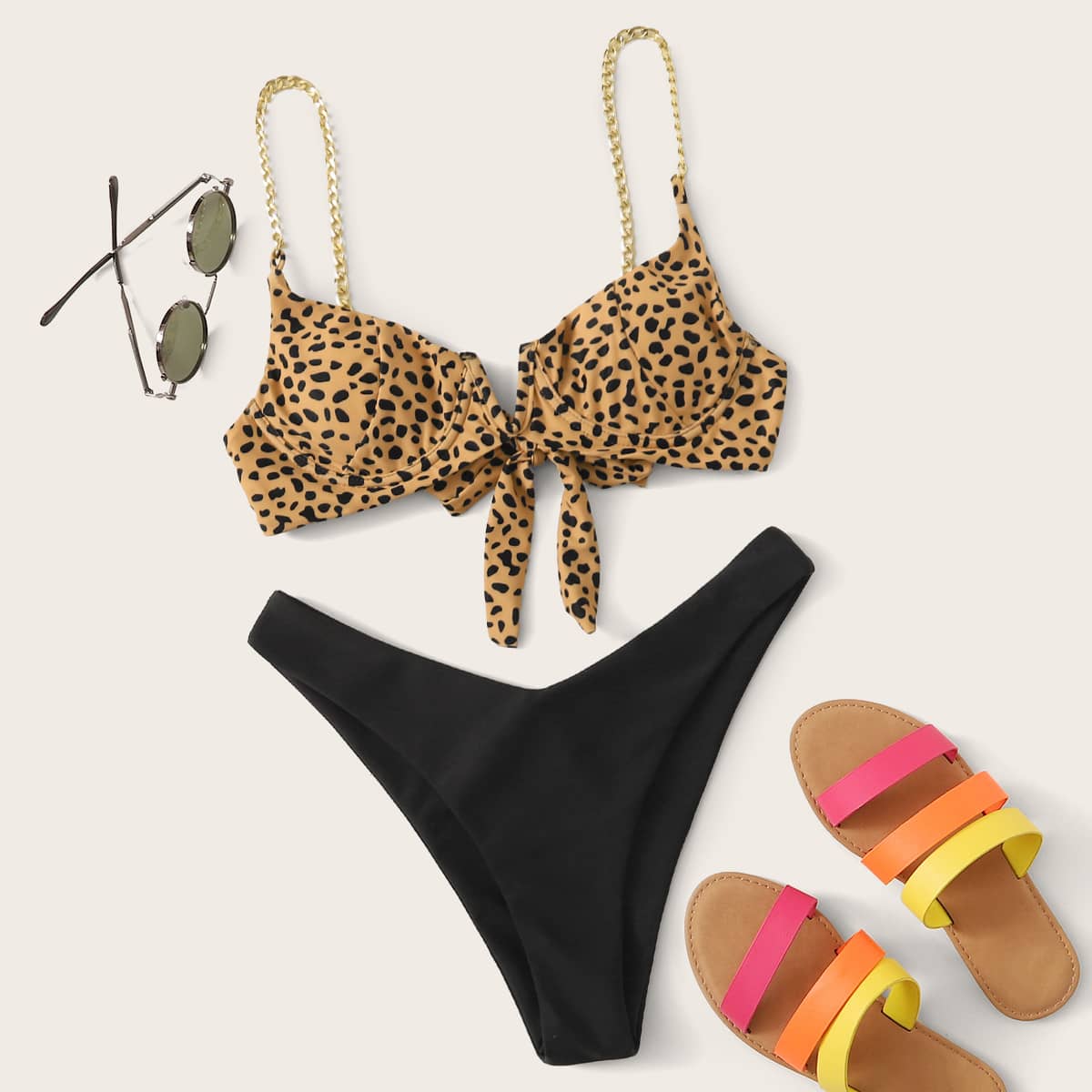

Chain Strap High Leg Bikini Swimsuit, Multicolor
