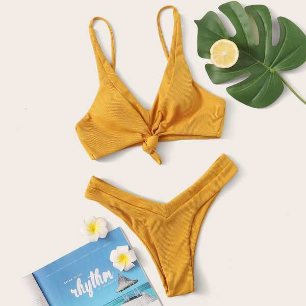 

Бикини в рубчик с высоким вырезом, Жёлтые