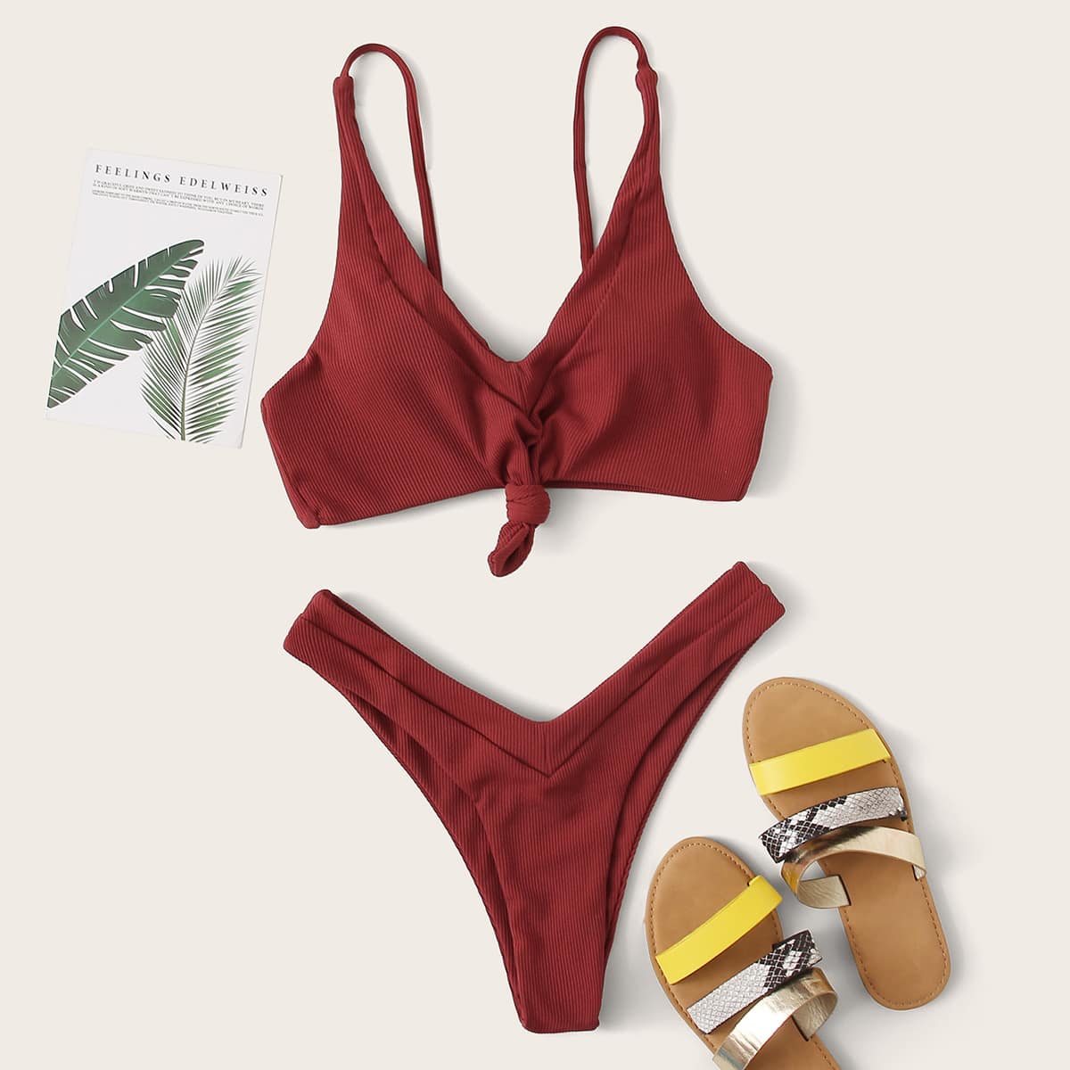 

Rib Knot Front High Cut Bikini Swimsuit, Red