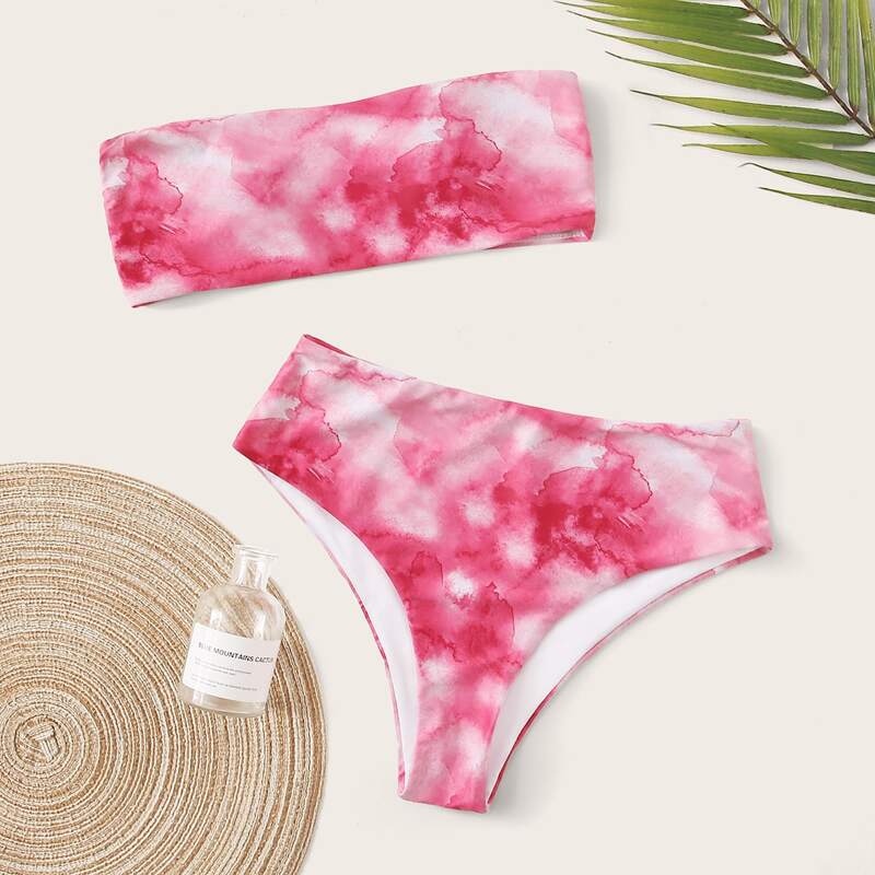 

Tie Dye Bandeau Bikini Swimsuit, Pink