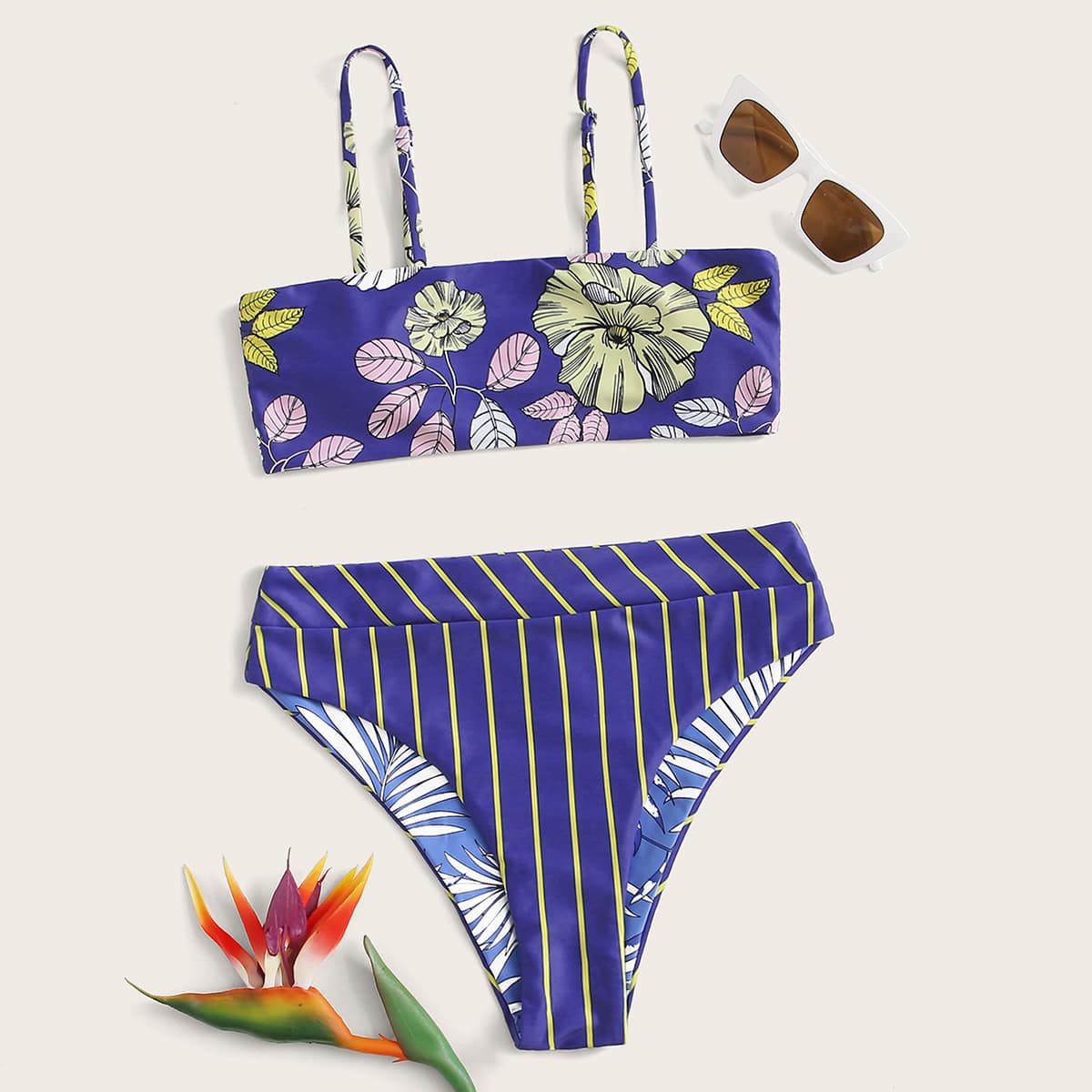 

Plants & Striped Print Bikini Swimsuit, Multicolor