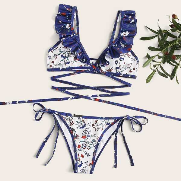 

Floral Wrap Ruffle Tie Side Bikini Swimsuit, Multicolor