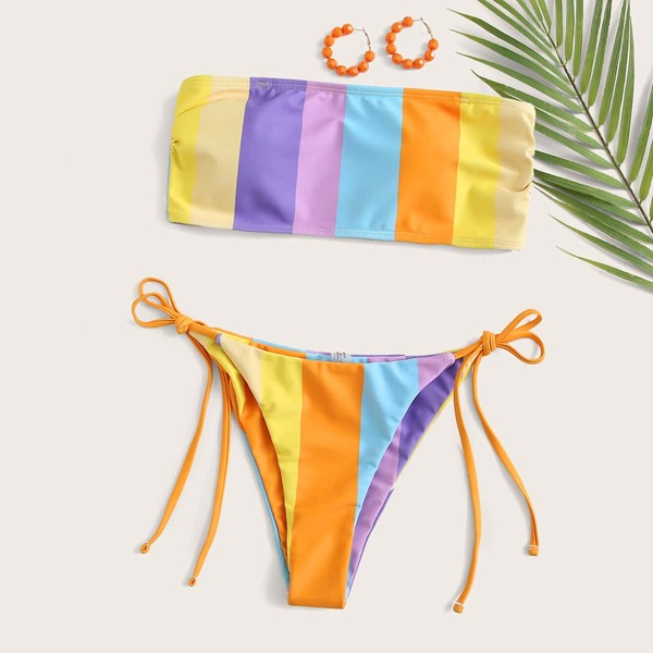 

Striped Bandeau Tie Side Bikini Swimsuit, Multicolor