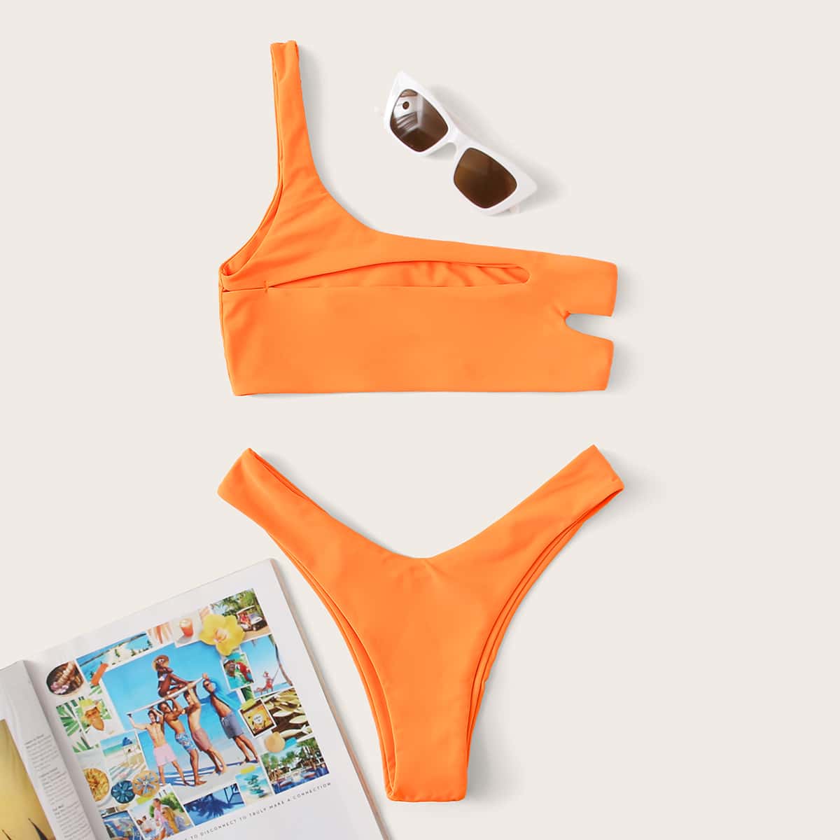 

Cut-out One Shoulder High Cut Bikini Swimsuit, Orange