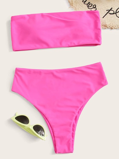 Neon Pink Bandeau High Waisted Bikini Swimsuit