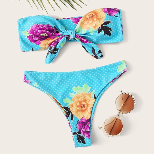 

Polka Dot & Floral Tie Front Bandeau Bikini Swimsuit, Multicolor