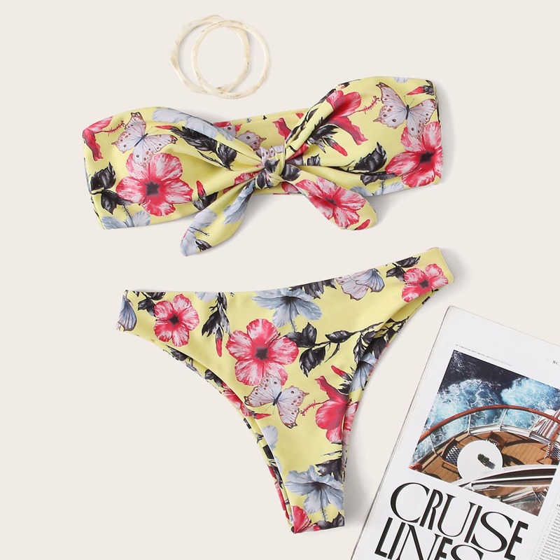 

Floral Tie Front Bandeau Bikini Swimsuit, Multicolor