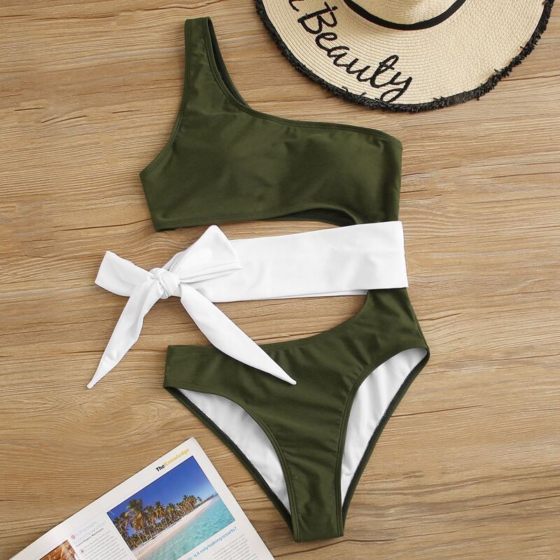 

Tie Waist One Shoulder One Piece Swimsuit, Army green