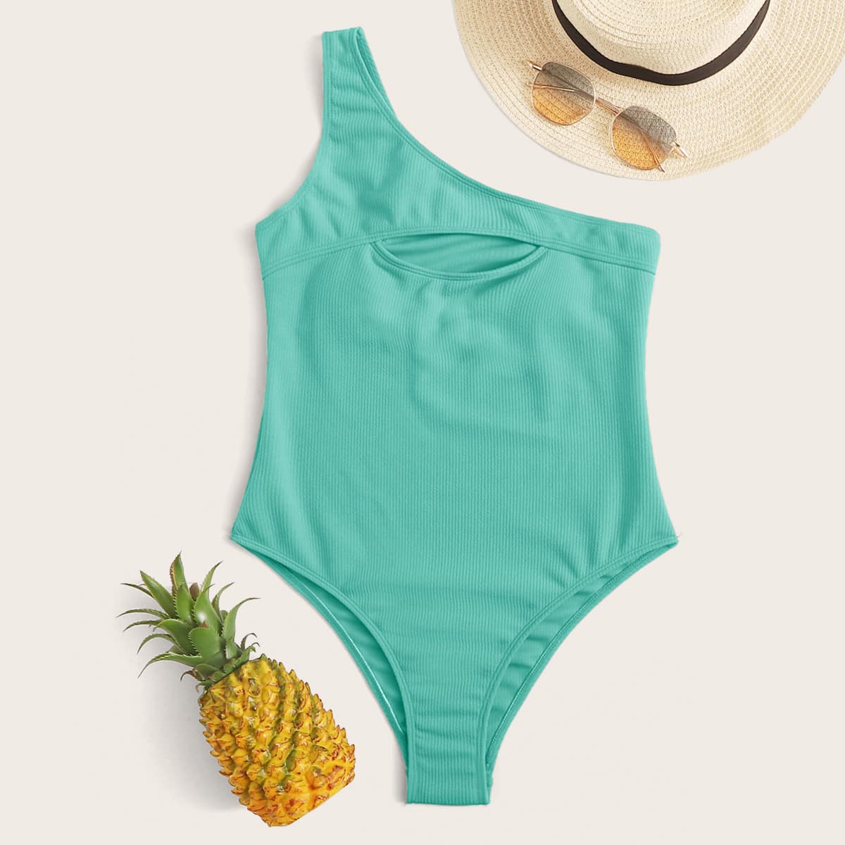 

Rib Cut-out One Shoulder One Piece Swimsuit, Green