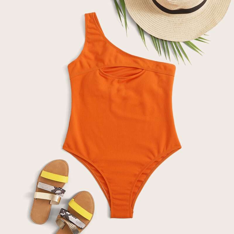 

Rib Cut-out One Shoulder One Piece Swimsuit, Orange