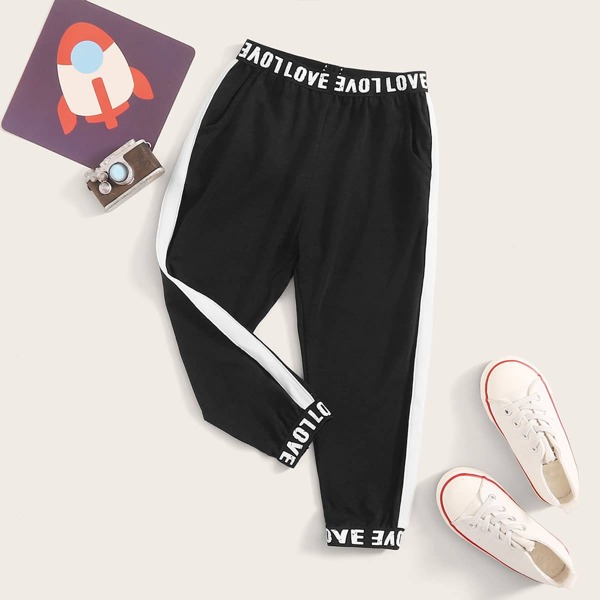

Toddler Girls Contrast Sideseam Letter Graphic Sweatpants, Black