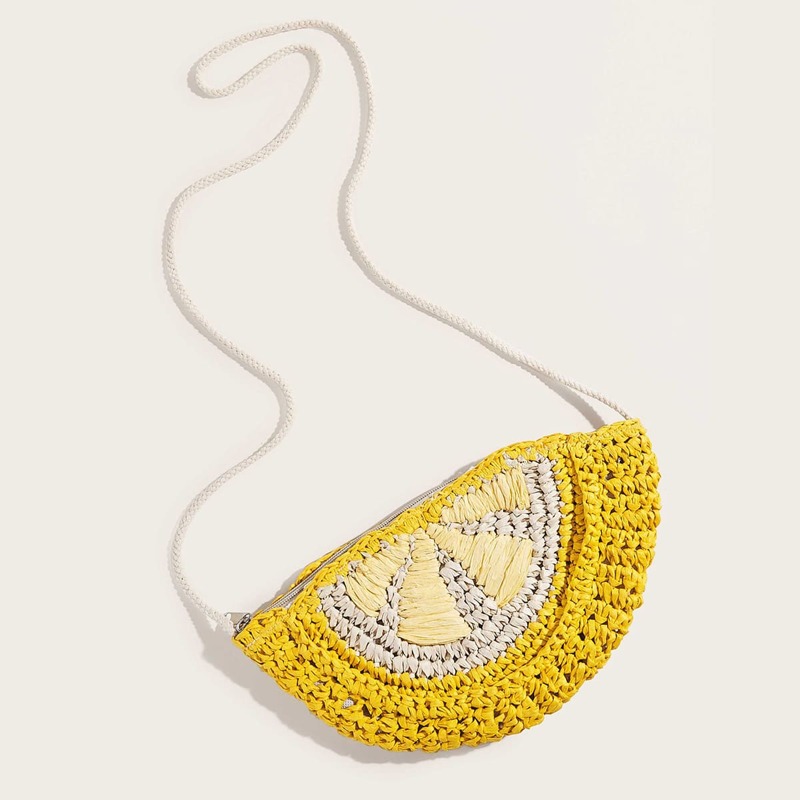 

Color-block Woven Semicircle Crossbody Bag, Yellow