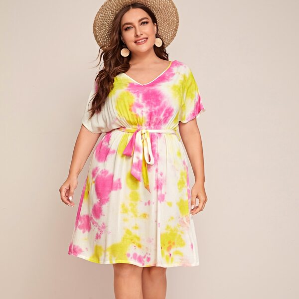 

Plus Tie Dye V-neck Self Tie Midi Dress, Multicolor