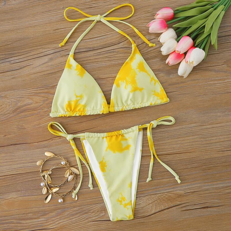 

Tie Dye Triangle Tie Side Bikini Swimsuit, Yellow