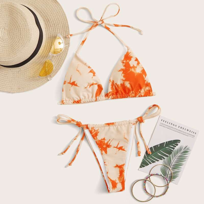 

Tie Dye Triangle Tie Side Bikini Swimsuit, Orange