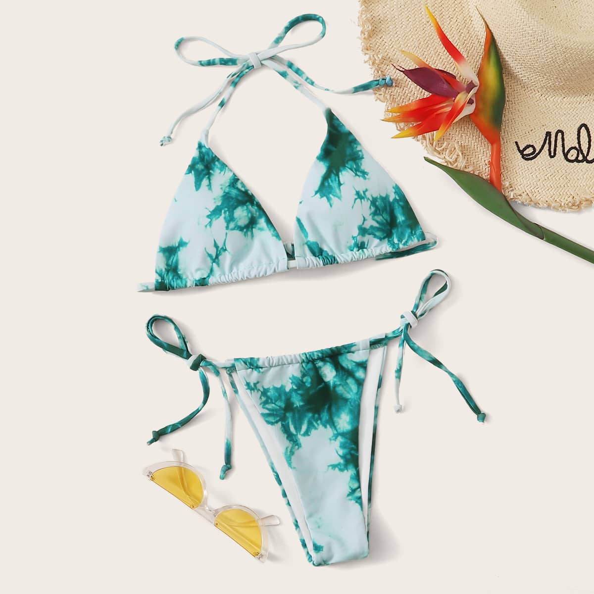 

Tie Dye Triangle Tie Side Bikini Swimsuit, Green