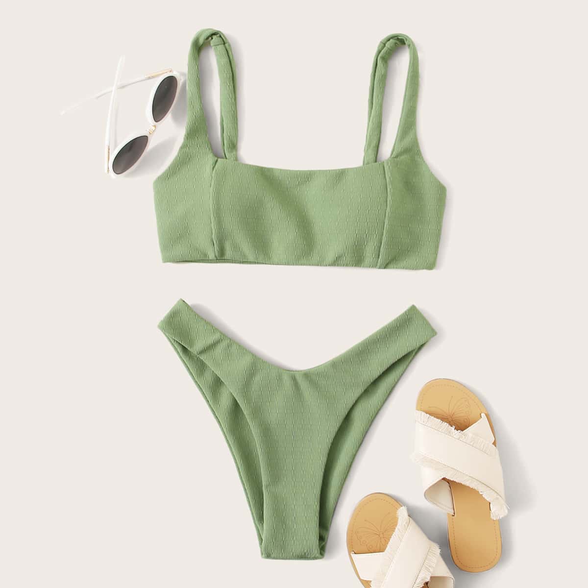 

Textured High Cut Bikini Swimsuit, Green
